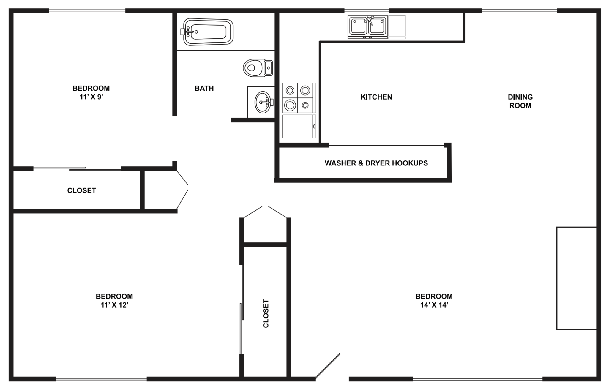 Floor plan for 2 beds, 1 bath, 788 sqft